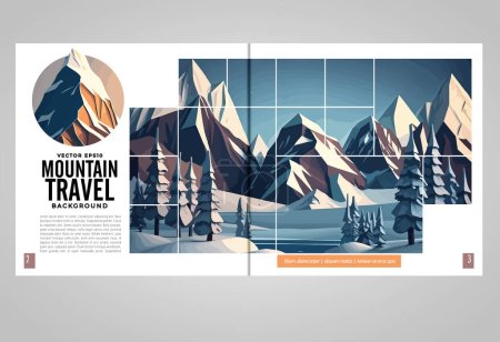 Téléchargez les illustrations : Brochure, ebook or presentation mockup ready for use, vector illustration with flat style background. Mountain background at cartoon style. - en licence libre de droit