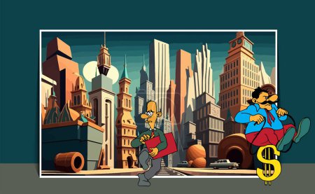 Illustration for Cartoon businessmen character with urban landscape in background - Royalty Free Image
