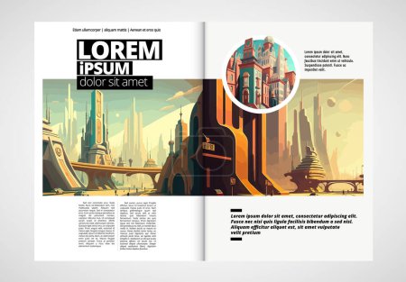 Ilustración de Business magazine, brochure layout with urban landscape. Vector illustration - Imagen libre de derechos