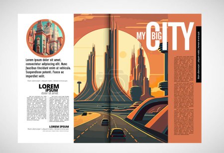 Téléchargez les illustrations : Magazine d'affaires, présentation de brochures avec paysage urbain. Illustration vectorielle - en licence libre de droit