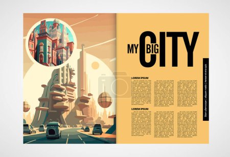 Ilustración de Business magazine, brochure layout with urban landscape. Vector illustration - Imagen libre de derechos