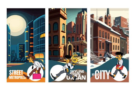 Téléchargez les illustrations : Scène de ville personnages de dessins animés sorcière - arrière-plan vectoriel - en licence libre de droit