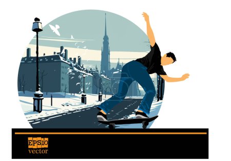 Téléchargez les illustrations : Jeune skateboarder masculin. Mode de vie sain. Vecteur facile à modifier - en licence libre de droit