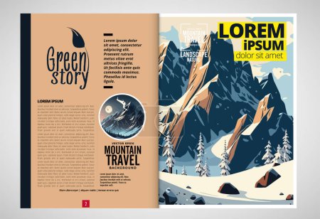 Téléchargez les illustrations : Brochure, ebook or presentation mockup ready for use, vector illustration with flat style background. Mountain background at cartoon style. - en licence libre de droit