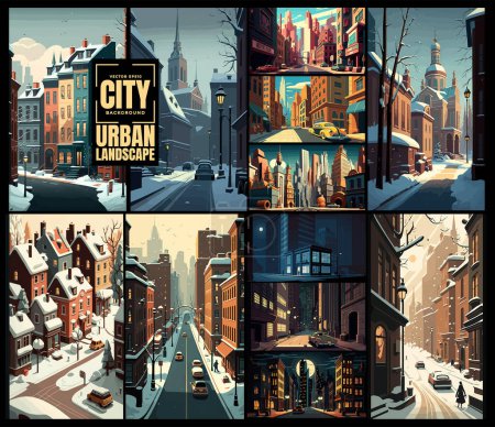 Téléchargez les illustrations : Illustration vectorielle avec paysage urbain - en licence libre de droit