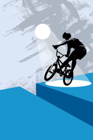Illustration for Active young man doing tricks on a bicycle, extreme sport concept. Sport background ready for poster or banner, vector. - Royalty Free Image