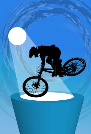 Ilustración de Joven activo haciendo trucos en una bicicleta, concepto de deporte extremo. Fondo deportivo listo para cartel o banner, vector. - Imagen libre de derechos