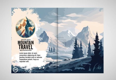 Brochure, ebook or presentation mockup ready for use, vector illustration with flat style background. Mountain background at cartoon style.