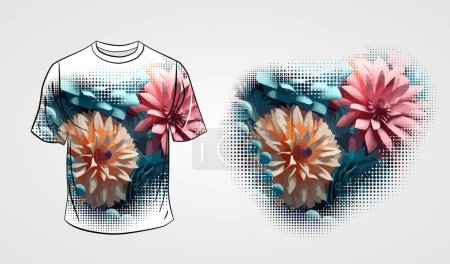 Illustration for The front side of the white T-shirt isolated on a grey background with floral subject. - Royalty Free Image