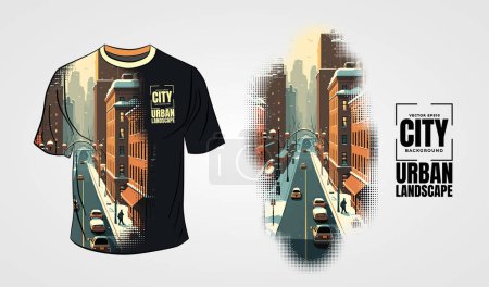 Illustration for The front side of the white T-shirt isolated on a grey background with city subject - Royalty Free Image