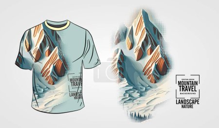 Ilustración de La parte frontal de la camiseta blanca aislada sobre un fondo gris con sujeto de montaña - Imagen libre de derechos