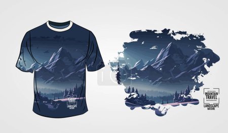 Illustration for The front side of the white T-shirt isolated on a grey background with mountain subject - Royalty Free Image