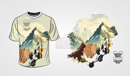 Illustration for The front side of the white T-shirt isolated on a grey background with mountain subject - Royalty Free Image