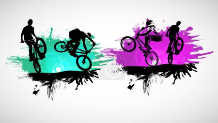 Ilustración de Jinetes BMX, jóvenes activos haciendo trucos en una bicicleta - Imagen libre de derechos