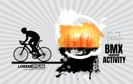 Téléchargez les illustrations : Bannière vectorielle ou flyer avec cycliste sur le vélo. Affiche abstraite de BMX compétitions modèle sport. - en licence libre de droit