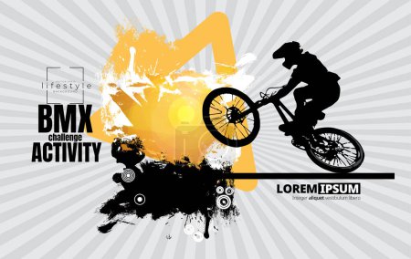 Illustration for Vector banner or flyer with cyclist on the bike. Abstract poster of BMX competitions sport template. - Royalty Free Image