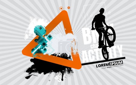 Téléchargez les illustrations : Bannière vectorielle ou flyer avec cycliste sur le vélo. Affiche abstraite de BMX compétitions modèle sport. - en licence libre de droit
