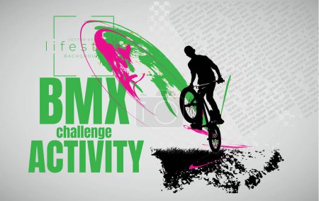 Illustration for Vector banner or flyer with cyclist on the bike. Abstract poster of BMX competitions sport template. - Royalty Free Image