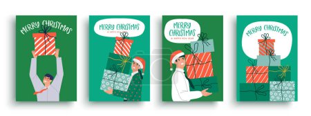 Photo for Christmas office party invitation greeting card set illustration of business woman and man holding big gift box pile. Winter holiday celebration design for corporate event RSVP. - Royalty Free Image