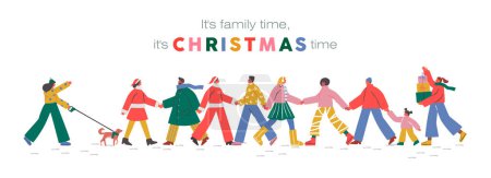 Christmas is family time banner illustration template, social people crowd walking and holding hands in winter season. Men, women and children celebrating together.
