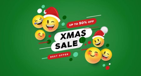 Modernes Banner zum Weihnachtsverkauf mit gelben Smiley-Symbolen im 3D-Stil. Social Web Store Rabattkonzept für Technologie-Produkt oder Online-Promotion.