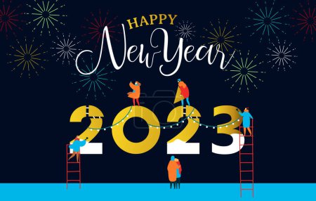 Happy New Year 2023 greeting card of young people team working together making big calendar date number sign with party fireworks. Friend group or family holiday help concept.
