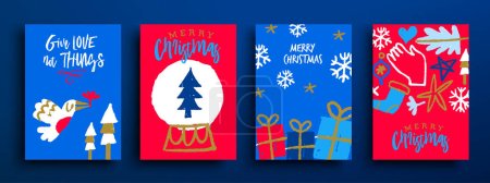 Photo for Merry Christmas greeting card collection of cute hand drawn festive doodle icons with positive motivation quote for holiday love and conscious consume awareness. Set festive template covers with text Give love not things. - Royalty Free Image