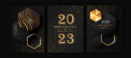 Photo for Merry Christmas Happy New Year 2023 modern luxury greeting card set. Futuristic 3D geometric shape illustration collection with gold glitter and golden abstract shapes for VIP party event. - Royalty Free Image
