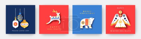 Photo for Merry Christmas greeting card set. Vintage scandinavian folk collection with luxury gold geometric shapes. Holiday decoration in mid century style includes angel ornament, deer and polar bear. - Royalty Free Image