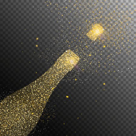 Illustration for Christmas and New Year holiday gold glitter glass bottle in transparent background. Shiny golden particles of fairy dust champagne shape. Magical light effect for luxury festive greeting card, banner or poster illustration. - Royalty Free Image