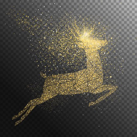 Photo for Christmas and New Year holiday gold glitter jumping deer in transparent background. Shiny golden particles of fairy dust reindeer shape. Magical light effect for luxury festive greeting card, banner or poster illustration. - Royalty Free Image