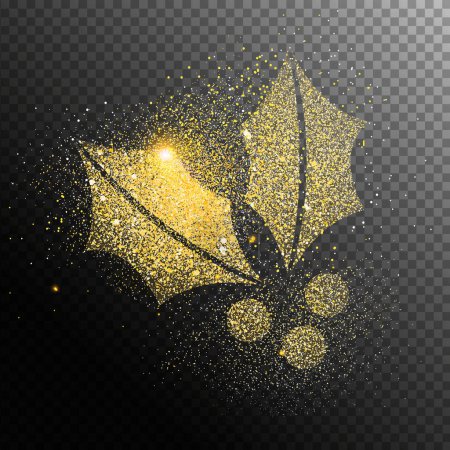 Photo for Christmas and New Year holiday gold glitter holly in transparent background. Shiny golden particles of fairy dust leaf shape. Magical light effect for luxury festive greeting card, banner or poster illustration. - Royalty Free Image
