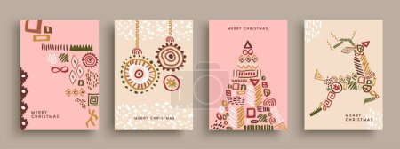 Photo for Merry Christmas greeting card collection set. Hand drawn art decoration style in pastel color. Ethnic doodles symbols form reindeer, hanging bauble, tree pine and reindeer silhouette on isolated background. Ideal for holiday season poster design. - Royalty Free Image