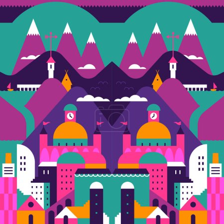 City landscape with buildings seamless pattern vector. Illustration in minimal geometric flat style. Abstract background for fabric, wrapping, textile, wallpaper and apparel design.