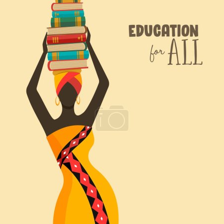 Mujer africana con tocado tradicional y pila de libros en la cabeza. Ilustración vectorial del concepto de educación para todos e igualdad de derechos para todas las mujeres.