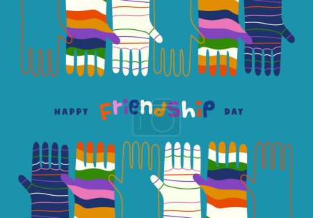 Happy friendship day illustration of colorful diverse hands together. Different culture teamwork concept vector.