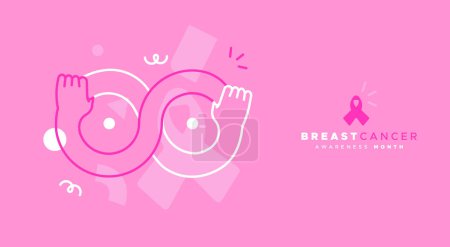 Téléchargez les illustrations : Breast Cancer Awareness month web template illustration. Infinity breasts sign made of girl arms together. Female teamwork concept, modern flat cartoon outline arms for disease prevention, solidarity or charity campaign. - en licence libre de droit