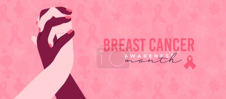 Téléchargez les illustrations : Breast Cancer Awareness month greeting card illustration of diverse woman friends holding hands together. Modern flat cartoon friend support concept for disease prevention, solidarity or charity campaign - en licence libre de droit