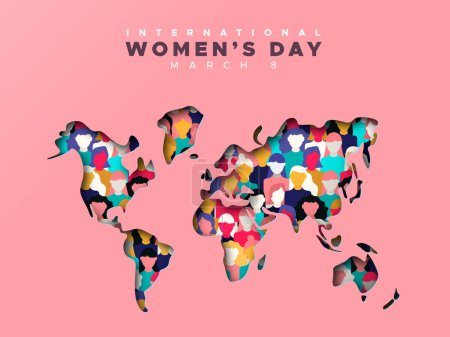 Illustration for Happy womens day greeting card template. 3D papercut female woman silhouette with diverse group of people of different religion and culture. Cute paper craft design for international event. - Royalty Free Image