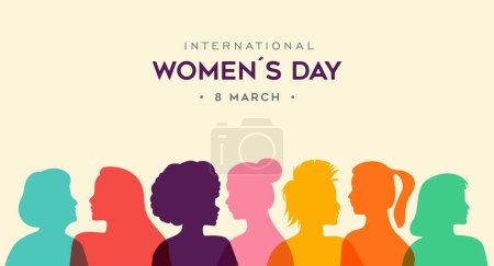 Ilustración de Women's day diverse people profile silhouettes in transparent colors on isolated background. Different ethnicity face in minimalist style design for feminism, sisterhood, empowerment, activism and womens rights event. - Imagen libre de derechos