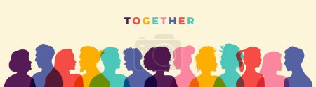 Illustration for Together colorful quote illustration with diverse silhouette people faces in transparent color design. Ethnic character team flat cartoon for unity or community help concept social media banner. - Royalty Free Image