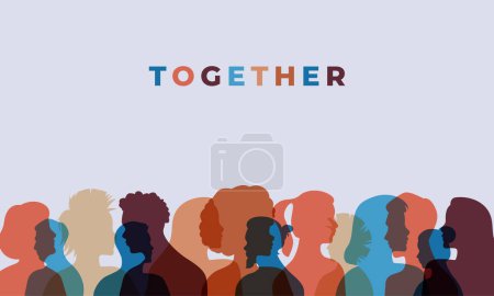 Together colorful quote illustration with diverse silhouette people faces in transparent color design. Ethnic character team flat cartoon for unity or community help concept. 