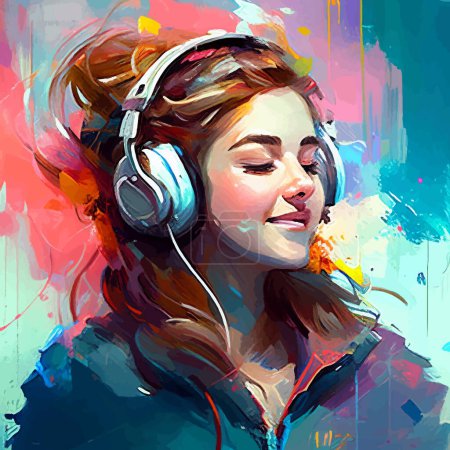 Illustration for Portrait of happy young redhead girl listening music hit with headphones in multicolored creative paint brush illustration splash arty style. Generative art. EPS10 vector. - Royalty Free Image