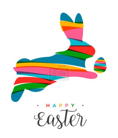 Ilustración de Saltar conejo de Pascua y huevo en colores brillantes transparentes en estilo collage. Diseño multicolor de rayas recortadas sobre fondo aislado. Utilizado para tarjetas de felicitación, pancartas y - Imagen libre de derechos