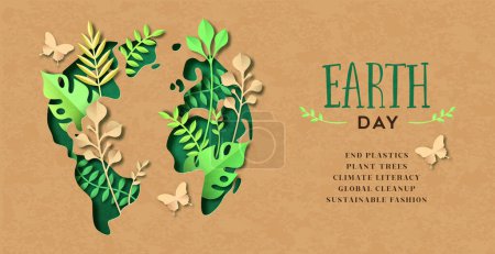Earth Day banner illustration of green papercut world map with plant leaf garden and butterfly. Environment care concept text, end plastic, plant tree, global cleanup, climate literacy and sustainable fashion on recycled paper background.