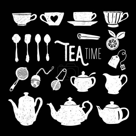 Illustration for Black and white tea time doodle vector illustration design. Monochrome tea tableware elements on isolated background. Art brush hand drawing style objects. - Royalty Free Image