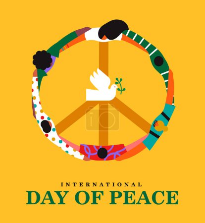 International day of peace vector banner illustration. People group hugging in a circle creating the shape of the peace symbol and white dove with olive branch. Celebrated the day dedicated to the ideals of peace, respect, non-violence and ceasefire
