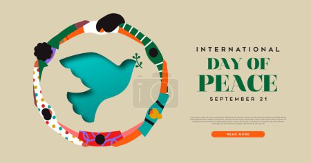 Illustration for International day of peace vector banner illustration. Circle of people friend group hugging together and 3d paper cut dove bird with olive branch. Graphic design to celebrate the day dedicated to the ideals of peace, respect, non-violence and cease- - Royalty Free Image