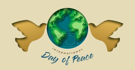 Illustration for International day of peace 3d papercut vector illustration of cutout dove bird animals and planet earth with quote text on isolated background. Graphic design to celebrate the day dedicated to the ideals of peace, respect, non-violence and cease-fire - Royalty Free Image