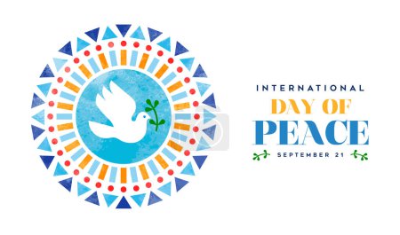 Illustration for International day of peace banner illustration of white peace dove bird with abstract geometric folk shapes in watercolor texture. Graphic design to celebrate the day dedicated to the ideals of peace, respect, non-violence and cease-fire. - Royalty Free Image